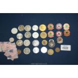 A quantity of tokens, six Makers of The Millennium coins, Prevention of Accidents badges etc.