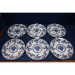 A set of six Edwardian blue and white dinner Plates, Delph pattern, 10'' diameter.