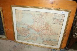 A framed Great Western Railway map (believed to be an original) highlighting main and branch lines