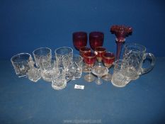 A small quantity of clear and cranberry coloured glass including whisky glasses, bud vase, tankard,