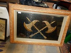 A gilded finished box frame containing a pair of crossed Chinoiserie Fighting Axes with spiral