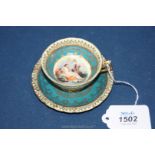 A Royal Vienna cabinet cup and saucer with delicate gilt detailing on cream and turquoise ground,