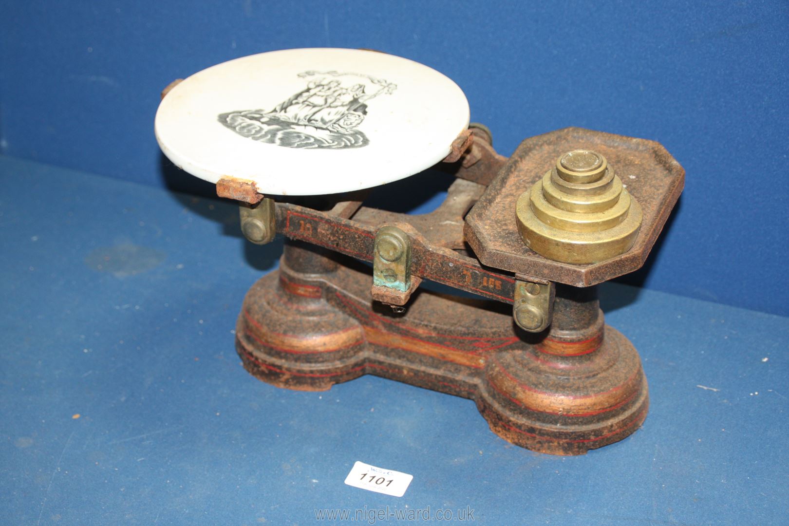 A vintage set of scales with ceramic top and set of weights. - Image 2 of 2