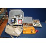 A box of flies and lures and fly making materials and a bag containing 4 boxes of lures and other