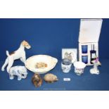 A quantity of china including animal figures, USSR wire fox terrier, elephant, exotic bird etc,