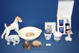 A quantity of china including animal figures, USSR wire fox terrier, elephant, exotic bird etc,