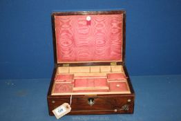 A pretty mahogany ladies jewellery box with Mother of Pearl inlay and pink silk padded lids to the