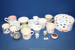 A quantity of pottery including Gabriella Miller and Emma Bridgewater mugs, dish, tin, robin mug,