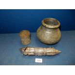 Three pieces of Indian metalware including small pot.