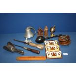 A small quantity of miscellanea including wooden fishing reels, carved figures,