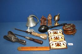 A small quantity of miscellanea including wooden fishing reels, carved figures,