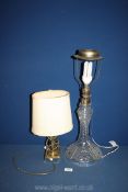 Two table lamps, one with brass base 14 1/2" tall and the other cut glass base, 22 1/2" tall.