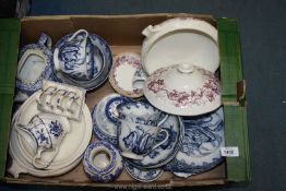 A quantity of blue and white china including small Mason's toast rack,