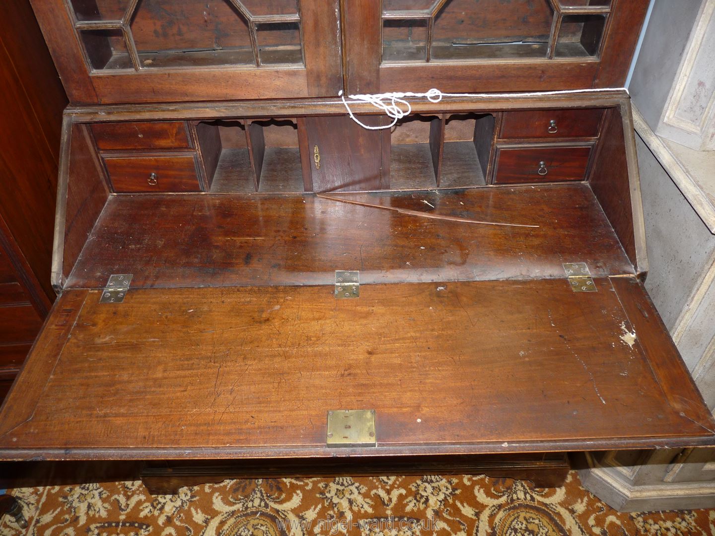 A circa 1900 Mahogany Bureau Bookcase having a pair of opposing 13 pane geometrically glazed doors - Image 2 of 2