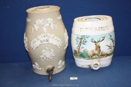 Two barrels,a ceramic one for Brandy with a scene of a Stag,