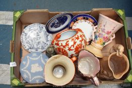 A quantity of china including Staffordshire ironstone jugs, Mintons blue and white plate, etc.