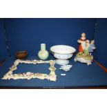 A quantity of china including brown jelly mould, sectional flower frame, Yardley's Dresden figure,