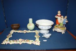 A quantity of china including brown jelly mould, sectional flower frame, Yardley's Dresden figure,