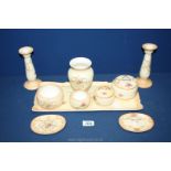 A Crown Ducal blush dressing Table set including tray, candlestick, vase, ring dish, pots etc.