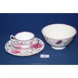 A Gaudy Welsh Pink Chrysanthemum pattern trio and bowl.