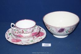 A Gaudy Welsh Pink Chrysanthemum pattern trio and bowl.