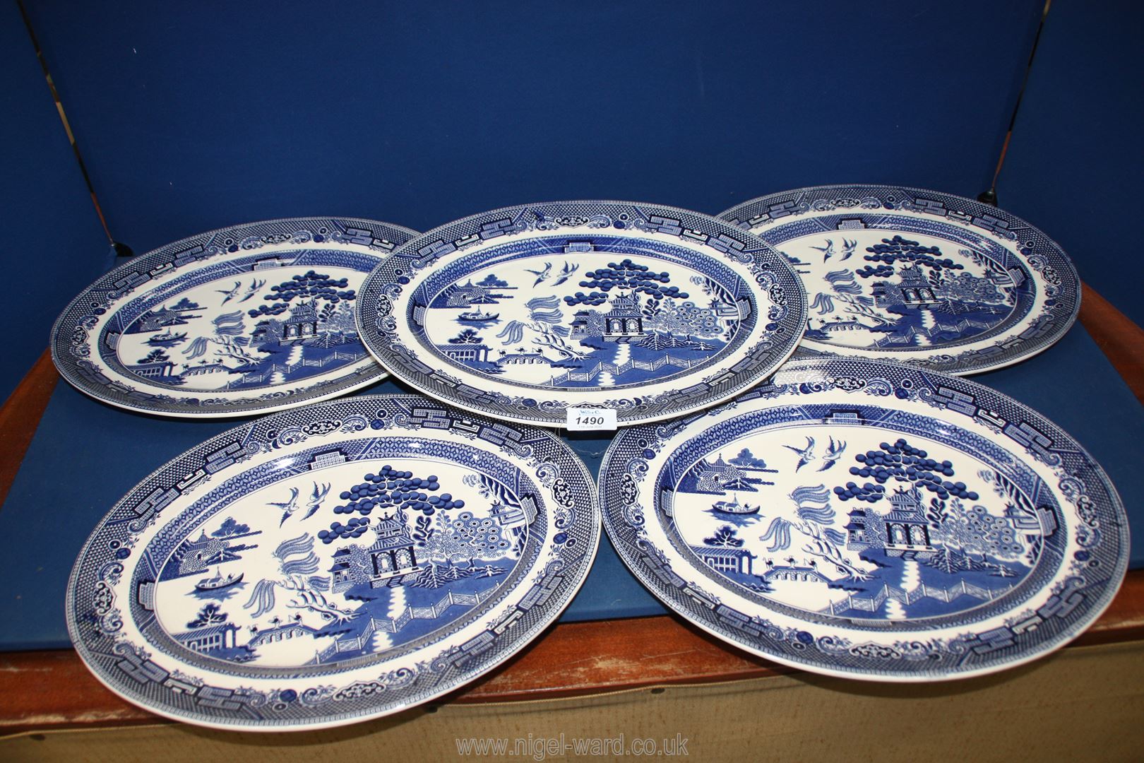 Five Johnson Bros. Willow pattern meat plates.
