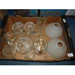 A quantity of glass including a pair of milk glass shades (one repaired), heavy cut glass ashtrays,