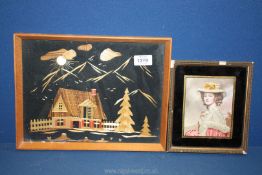 A framed picture of a lady having her clothes and hat embroidered over 4" x 5 1/2" and a straw