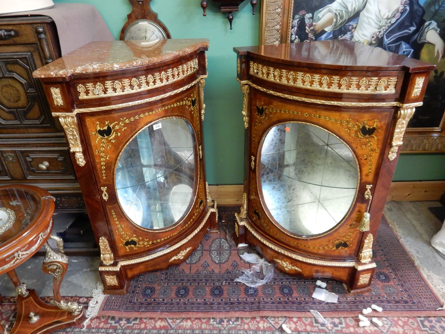 A pair of most ornate Corner Cabinets each having an upper frieze drawer and an oval panel glazed - Image 2 of 7