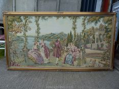 A large machine made framed Tapestry depicting several ladies seated on a promenade adjacent to a