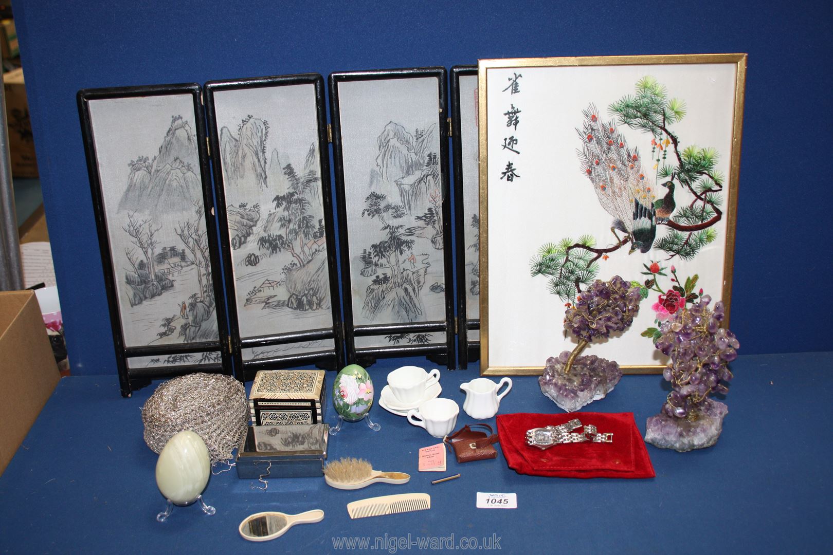 A small quantity of miscellanea including four fold oriental table screen, doll's mirror, hairbrush,