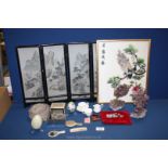 A small quantity of miscellanea including four fold oriental table screen, doll's mirror, hairbrush,