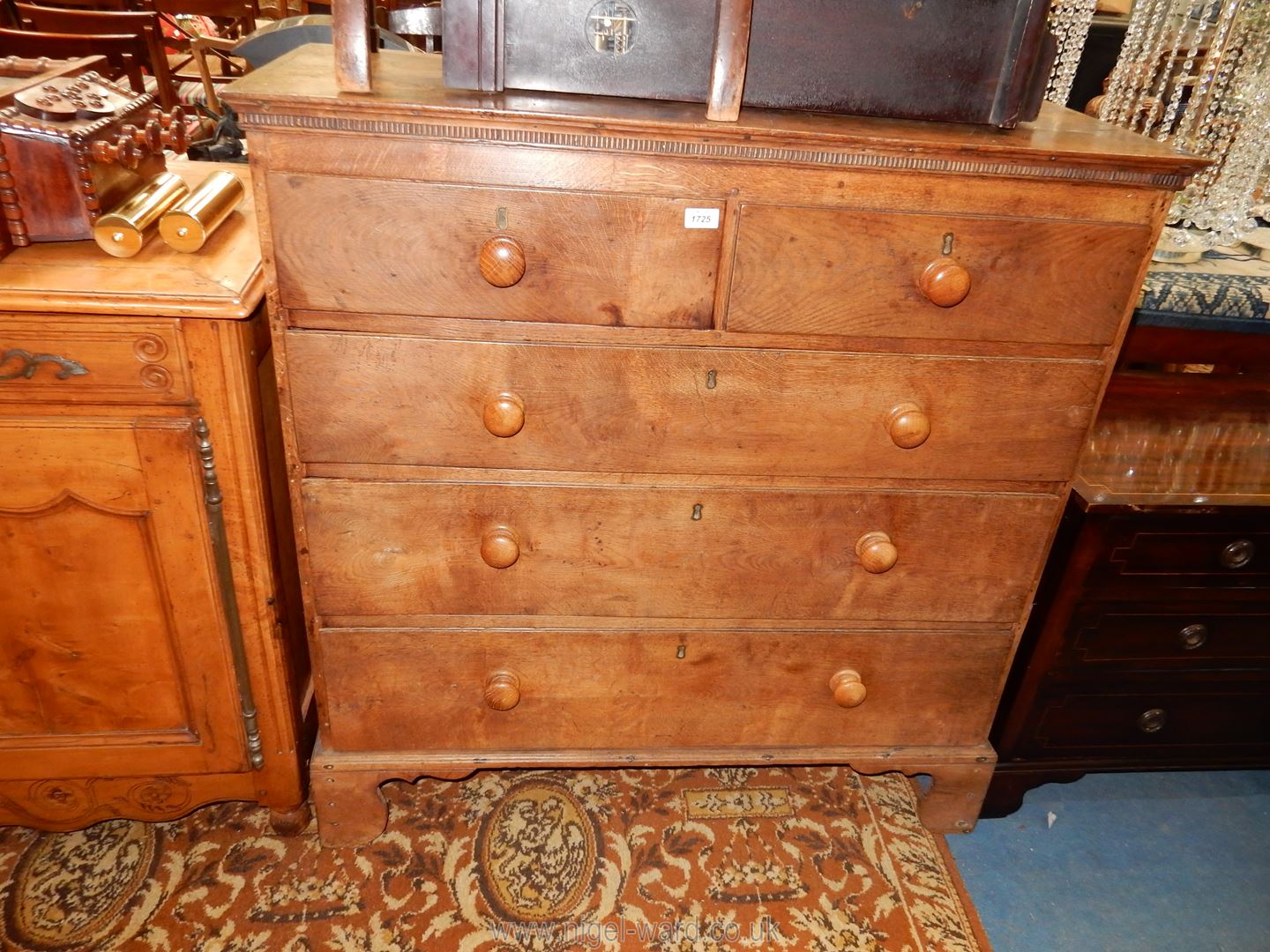 A mixed woods including Oak Chest of three long and two short Drawers having turned wood knobs and - Image 2 of 2