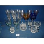 A quantity of coloured and clear glass including mauve wine glasses, cut glass preserve pot,
