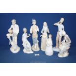 Seven Lladro style ceramic figures, some a/f.