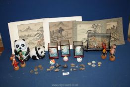 A quantity of oriental items including three hand painted eggs in small display cases,