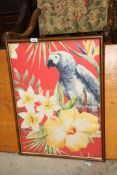 A framed silk scarf of a parrot by Vogue, 29" x 22".