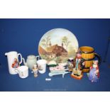 A quantity of china to include Toby jug, Wade pottery barrel, large plate depicting water mill,