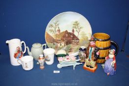 A quantity of china to include Toby jug, Wade pottery barrel, large plate depicting water mill,