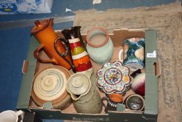 A quantity of studio and other pottery including Italian lidded pot, a/f, coffee pot, lustre jug,