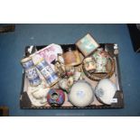 A quantity of china including Delft porcelain seagull tile, Deruta and Leighton pottery vases,