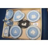 A small quantity of Wedgwood Jasperware, pale blue including bell, trinket dishes, trinket boxes,