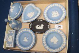 A small quantity of Wedgwood Jasperware, pale blue including bell, trinket dishes, trinket boxes,