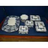 A quantity of blue and white Coronaware ''Napier'' dinnerware including graduated serving plates,