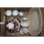 A box of china to include Salisbury Teaset in blue/gold, Masons, Ashlea Meat plate etc.