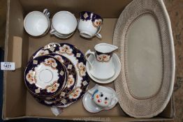 A box of china to include Salisbury Teaset in blue/gold, Masons, Ashlea Meat plate etc.