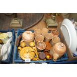 A studio pottery part coffee set in rust colour, Hornsea pots, egg cups and cruet set,