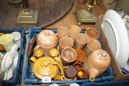 A studio pottery part coffee set in rust colour, Hornsea pots, egg cups and cruet set,