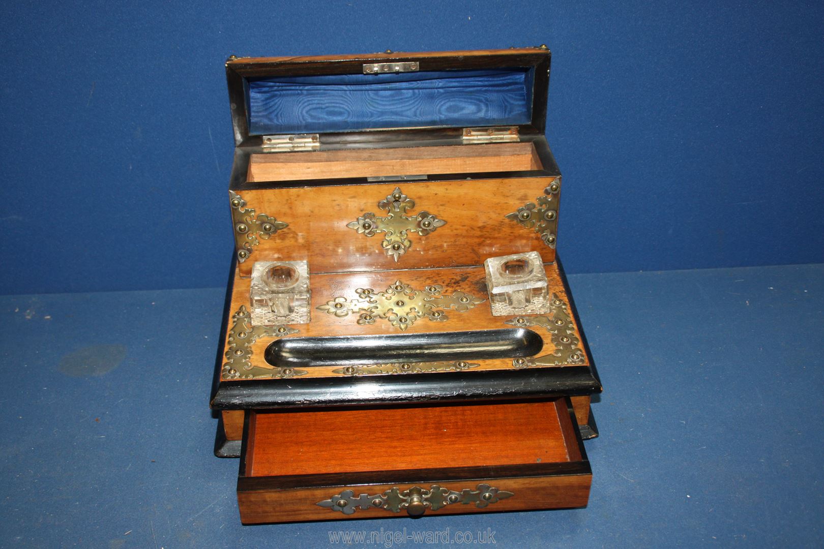 A walnut veneered table top Stationery Box with ornate brass embellishment, - Image 2 of 2