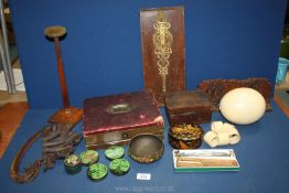 A quantity of miscellanea including Treen, vintage leather writing slope, boxes, pipe rack,